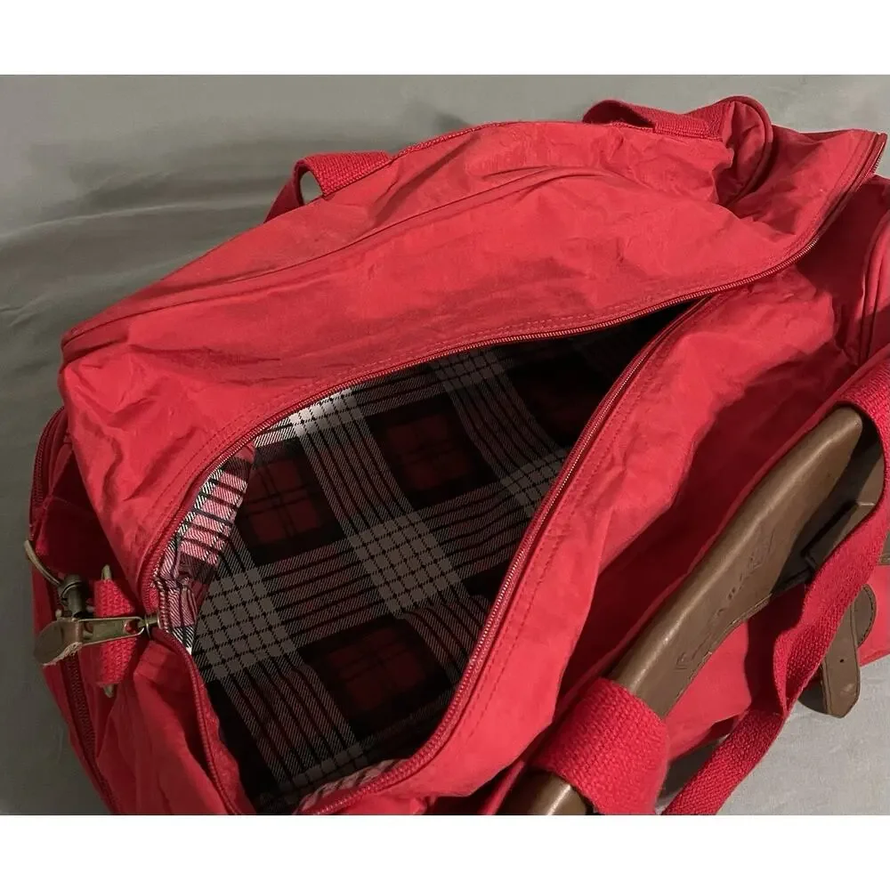 Vintage 90s Marlboro Country Store Red Duffle Bag Leather Flap Travel Gym
